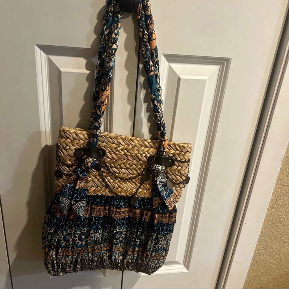 SunNSand straw detail boho print twist‎ rope handle shoulder bag